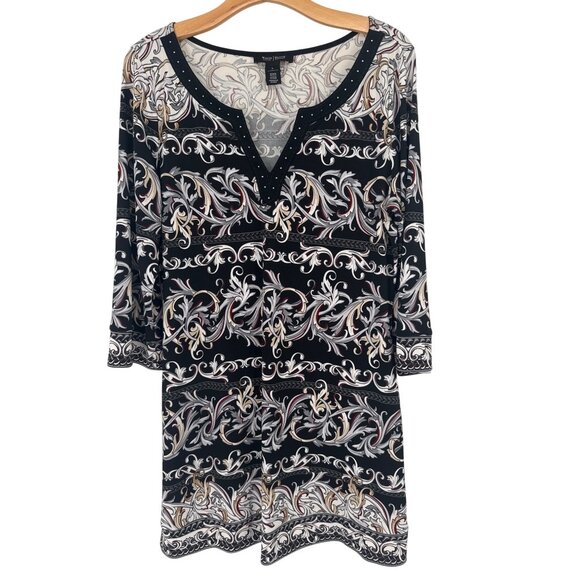 White House Black Market embellished Print V-Neck tunic top size Large - Picture 2 of 5